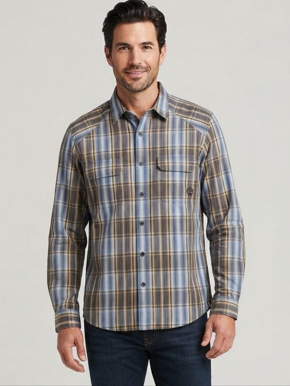 Timberland Men L Plaid Button Down Shirt Blue Brown Workwear Outdoor Gorpcore